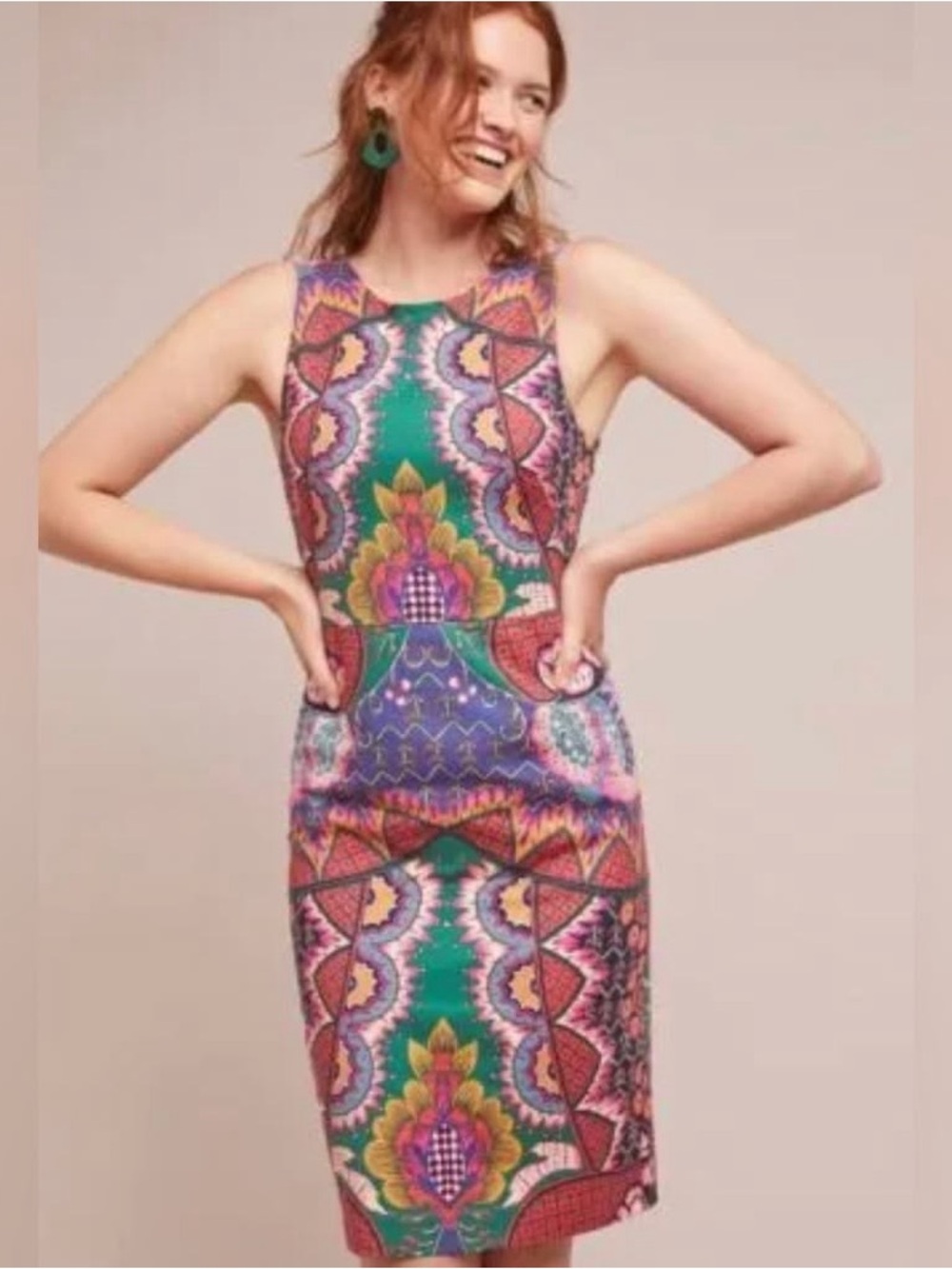 Maeve Anthropologie Vibrant Printed Sheath Dress Cutout Back Boho Mod Size 2